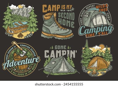 Explore el aire libre con vintage colección de insignia de camping con emblemas retro, parches pegatinas para campistas, excursionistas, exploradores. Viaje de paquete de pegatinas. Conjunto para el senderismo de la naturaleza, campamento. Estampado de camiseta.