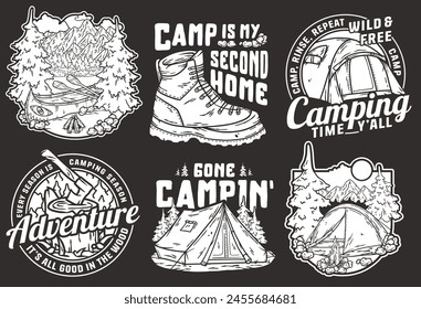 Explore the great outdoors with vintage camping badge collection featuring retro emblems, patches stickers for campers, hikers, scouts. Sticker pack travel. Set for nature hiking, camp. T-shirt print.