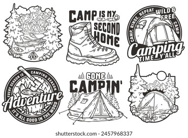 Explore the great outdoors with vintage camping badge collection featuring retro emblems, patches stickers for campers, hikers, scouts. Sticker pack travel. Set for nature hiking, camp. T-shirt print.