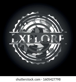 Explore grey camo emblem. Vector Illustration.