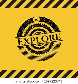 Explore grunge black emblem with yellow background, warning sign. Vector Illustration. Detailed.
