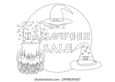 Explore a Halloween-themed coloring page featuring witch hats and a bubbling cauldron. Perfect for holiday fun and creativity.