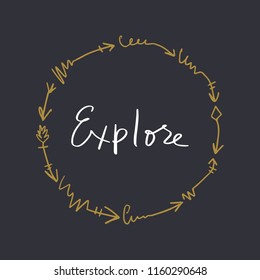 Explore. Hand drawn lettering poster and postcard. Abstract ornate boho frame. Vector, clipart.