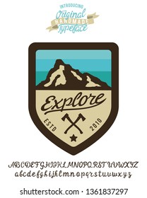 Explore. Hand made badge in flat style. Hand made typeface. Serif font. Vintage badge.