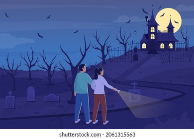 Explore haunted mansion at night flat color vector illustration. Go to creepy cemetary at nighttime for Halloween. Couples 2D cartoon characters with creepy house on hill on background