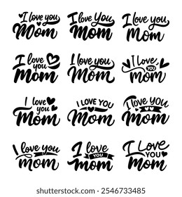 Explore a heartfelt 'I Love You Mom' lettering design featuring elegant calligraphy. Perfect for Mother's Day cards, gifts, and decorations.creative artwork to express your love for mom