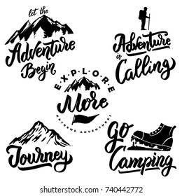 Explore and hiking hand drawn motivation lettering quote. Design element for poster, banner, greeting card. Vector illustration