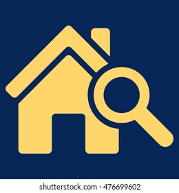 Explore House icon. Vector style is flat iconic symbol, yellow color, blue background.