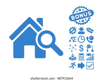 Explore House pictograph with bonus pictures. Vector illustration style is flat iconic symbols, cobalt color, white background.