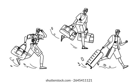 explorar o vetor do homem turístico apressado. mochileiro de aventura, andarilho itinerário, hustle destino explorar o personagem do homem turístico apressado.