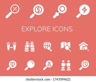 explore icon set. 14 filled explore icons.  Simple modern icons such as: Magnifying glass, Search, Binoculars