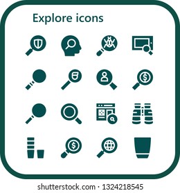 explore icon set. 16 filled explore icons.  Collection Of - Search, Loupe, Magnifying glass, Binoculars, Glass