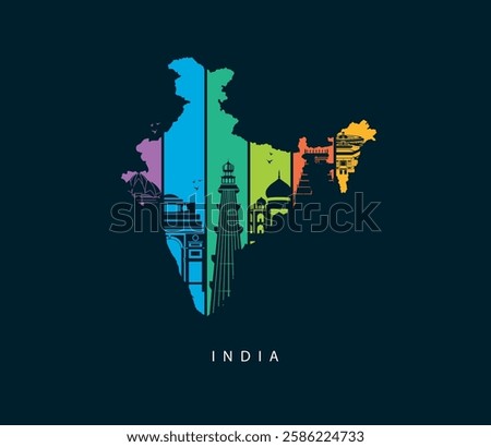 Explore India. A colorful, stylized silhouette of a map of the india, filled with vertical panels, featuring famous India landmarks. For logo, t-shirt, banner, card design. World Tourism Day.