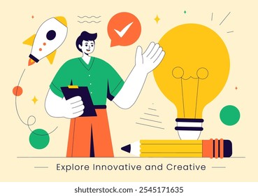 Explore an Innovative and Creative Vector Illustration Featuring a Startup with Software and Web Development, the Power of Innovation and New Ideas