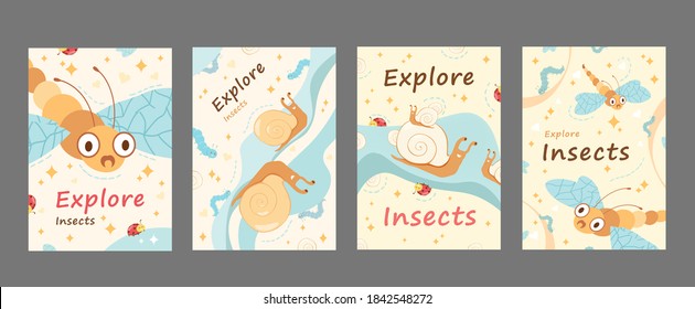 Explore insects posters set. Dragonfly, cameo shell, caterpillar, ladybird vector illustrations with text samples. Template for wildlife classes for kids flyers or book covers