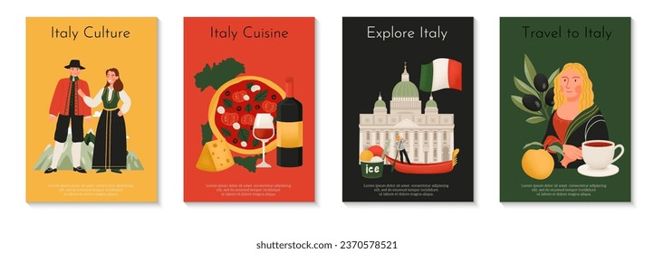 Explore italian flat posters depicting traditions culture and landmarks isolated vector illustration
