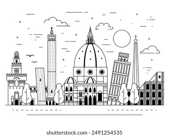 Explore Italy line art cityscape. Scenic panorama with famous architectural monuments and popular buildings. European touristic landmarks and cultural symbols of old Italian cities, line poster.