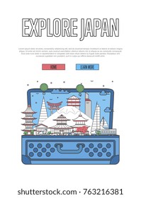 Explore Japan poster with famous architectural attractions in open suitcase. Worldwide traveling and time to travel vector in linear style. Japanese national landmarks, world tourism and journey
