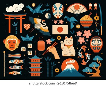 Explore Japan traditional elements and design icons set. Famous cultural symbols as Koi fish, daruma, bonsai, origami, mount Fuji, sakura, flag, Koinobori carp kites. Big set of vintage travel icons.