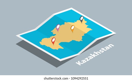 explore kazakhstan maps with isometric style and pin marker location tag on top vector illustration