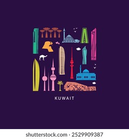 Explore o KUWAIT. arranha-céus modernos na ilustração do KUWAIT. Pontos de referência do KUWAIT