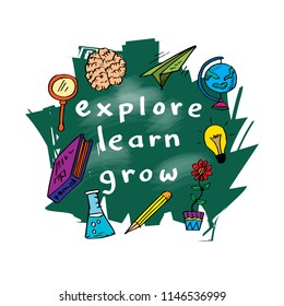 Explore Learn Grow. Inspirational positive quote. 