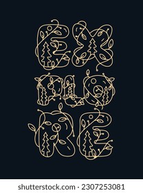 Explorar el vector de la letra mono-línea con el diseño de pinos dentro y hojas alrededor de él