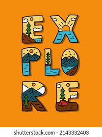 Explore letter with nature mountain camping design. use for t-shirt, sticker, and other use