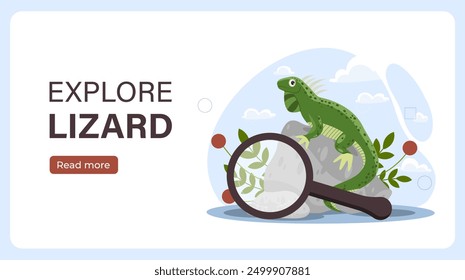 Explore lizard poster. Large magnifying glass near reptile and lizard. Exploring wild life and tropical fauna. Biology and zoology. Landing webpage design. Flat vector illustration