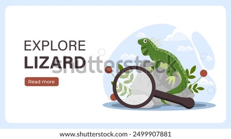 Explore lizard poster. Large magnifying glass near reptile and lizard. Exploring wild life and tropical fauna. Biology and zoology. Landing webpage design. Flat vector illustration