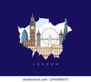 Erkunden Sie London. Satz von UK Wahrzeichen Symbole lizenzfreie Vektorgrafiken Illustrationskunst für Logo, T-Shirt, Banner, Kartendesign