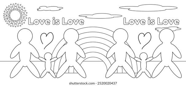 Explore love in every form with this coloring page featuring LGBTQ families under a rainbow, ideal for teaching diversity and acceptance.