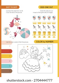 Explore a magical world with this professional collection of fairytale-themed educational activities for children. Featuring charming illustrations of princesses, brave knights, royal kings, and friendly dragons, this series includes mazes, word searches, dot-to-dot puzzles, and logic games. Designed in a consistent, cute flat style, these worksheets are perfect for preschool and elementary school learning materials, themed birthday parties, or kids' activity books. Help children develop fine motor skills and logical thinking with the inhabitants of the Royal Kingdom