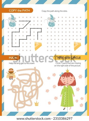 Explore a magical world with this professional collection of fairytale-themed educational activities for children. Featuring charming illustrations of princesses, brave knights, royal kings, and friendly dragons, this series includes mazes, word searches, dot-to-dot puzzles, and logic games. Designed in a consistent, cute flat style, these worksheets are perfect for preschool and elementary school learning materials, themed birthday parties, or kids' activity books. Help children develop fine motor skills and logical thinking with the inhabitants of the Royal Kingdom