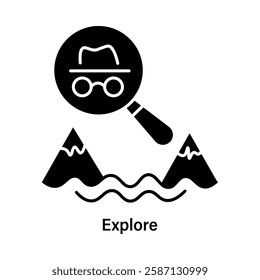 Explore – Magnifying Glass Over Mountains Representing Investigation and Adventure
