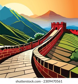 Explore the Majestic Great Wall of China in Cartoon Vector Art, and illustration, with sunrise, the world wonder, China, Beijing, Tianjin, sun, morning scenery