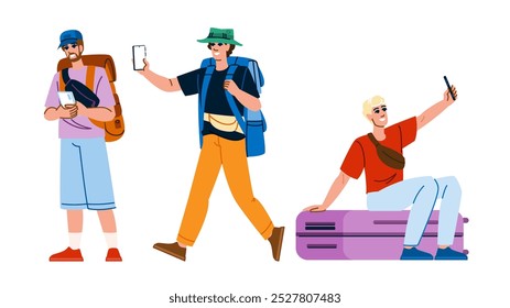 explore man tourist phone  vector.  journey wanderlust, sightseeing trip, destination photography explore man tourist phone character. people flat cartoon illustration