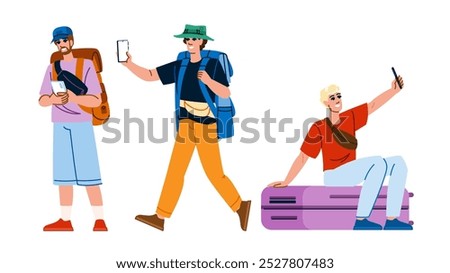 explore man tourist phone  vector.  journey wanderlust, sightseeing trip, destination photography explore man tourist phone character. people flat cartoon illustration