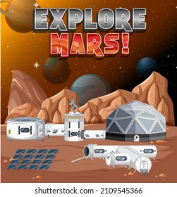 Explore Mars logo on space station background illustration