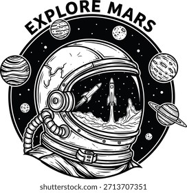 Tipografía de Explore Marte con casco de astronauta para logotipo espacial, insignia de ciencia de la galaxia, emblema de descubrimiento del universo y aislado en ilustración gráfica de astronomía transparente