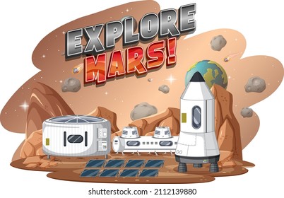 Explore Mars word logo design with space station illustration