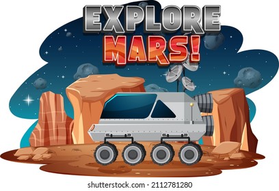 Explore Mars word logo design with space station illustration