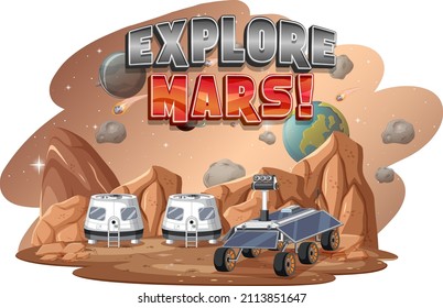 Explore Mars word logo design with space station illustration