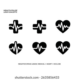 Explore medical logos featuring heartbeats integrated with crosses and hearts. Minimalist black designs on a clean white background for impact.