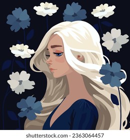 Explore the melancholic beauty of a young blond girl with flowers in this captivating illustration. 