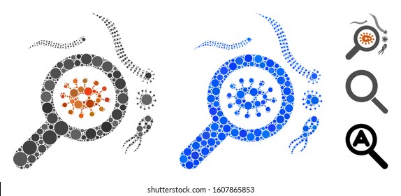 Explore microbes mosaic of filled circles in various sizes and color tints, based on explore microbes icon. Vector filled circles are grouped into blue illustration.