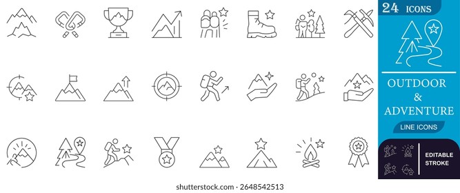 Explore a minimal line icon pack inspired by hiking, trekking, mountains, and outdoor adventures. Perfect for apps, maps, badges, or nature-themed projects.