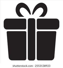 Entdecken Sie ein minimalistisches schwarzes Geschenkbox-Symbol mit einem eleganten Band-Design, ideal für Branding, Urlaubsprojekte und digitale Designs mit einer modernen Ästhetik.