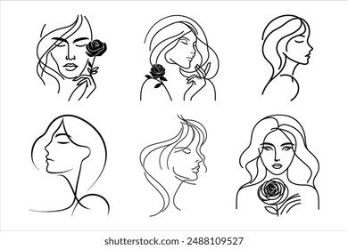 Explore minimalist female portraits in this captivating collection of continuous line drawings. Perfect for fashion concepts, cosmetics, and trendy minimalist prints.