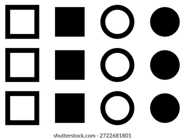 Explore a minimalist grid of black geometric squares and circles. With solid and outline styles, this graphic is perfect for UI design, abstract patterns, and creative branding projects.